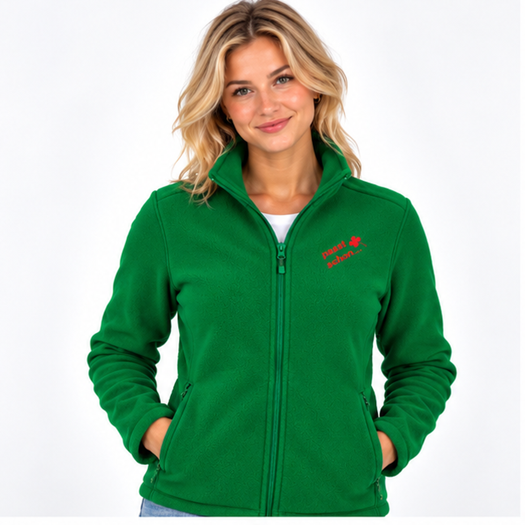 Christiane №7 – Grüne, leicht taillierte Fleecejacke mit roter Logostickerei