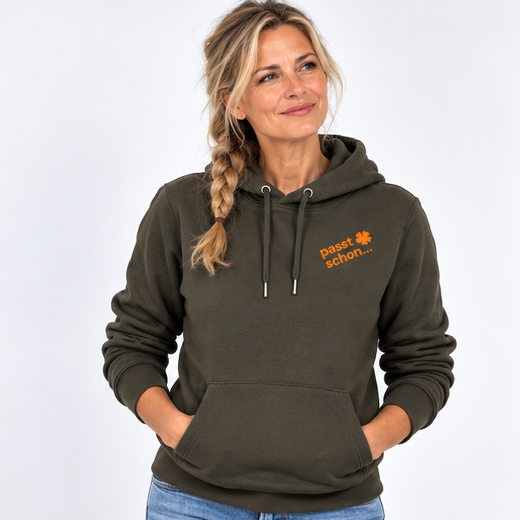Lisi №8 – Khakifarbener Hoodie mit orangem Logodruck