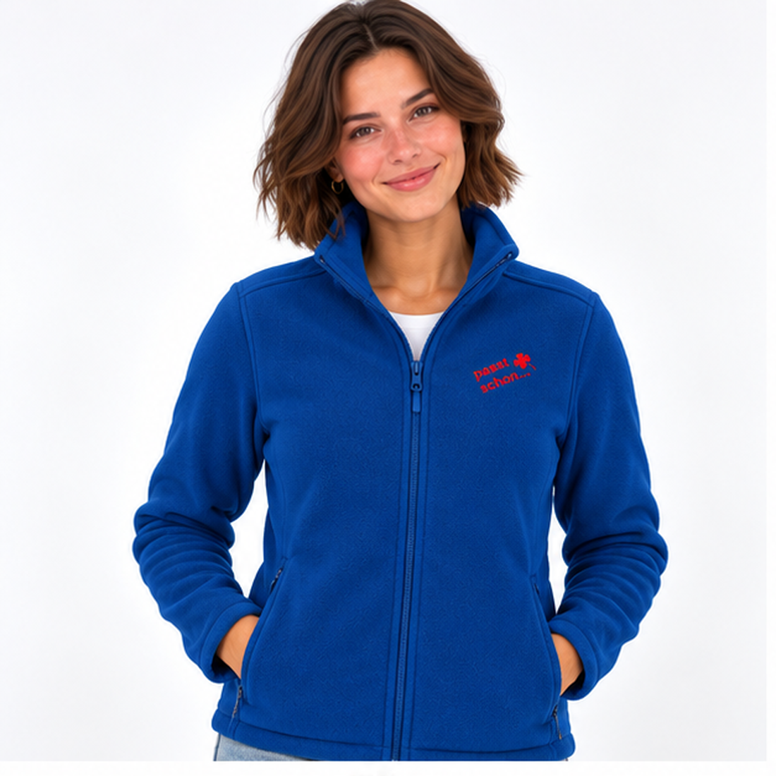 Christiane №4 – Blaue, leicht taillierte Fleecejacke mit roter Logostickerei