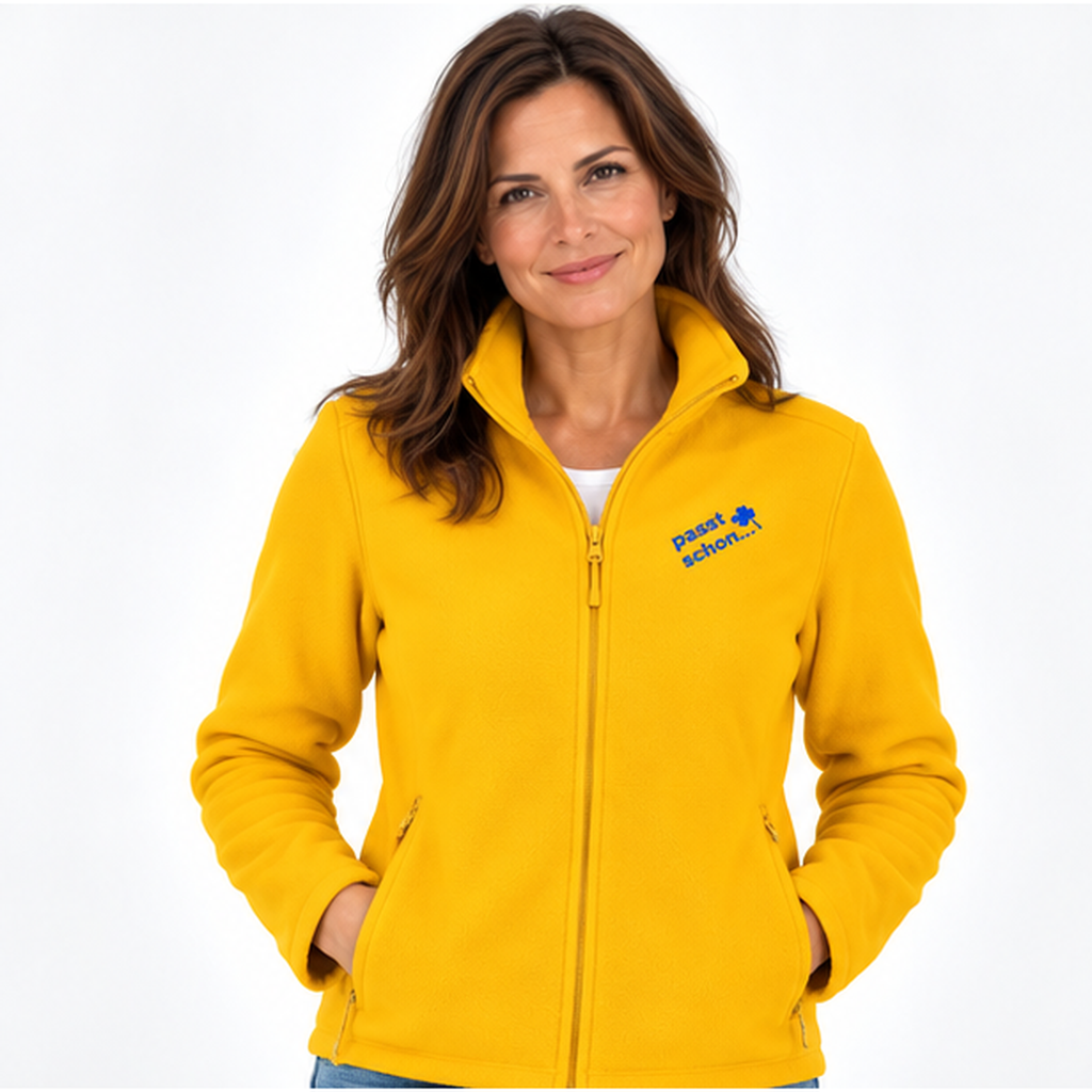 Christiane №10 – Gelbe, leicht taillierte Fleecejacke mit blauer Logostickerei