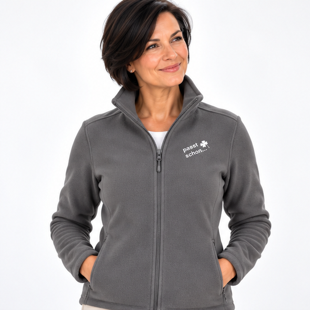 Christiane №6 – Graue, leicht taillierte Fleecejacke mit weißer Logostickerei