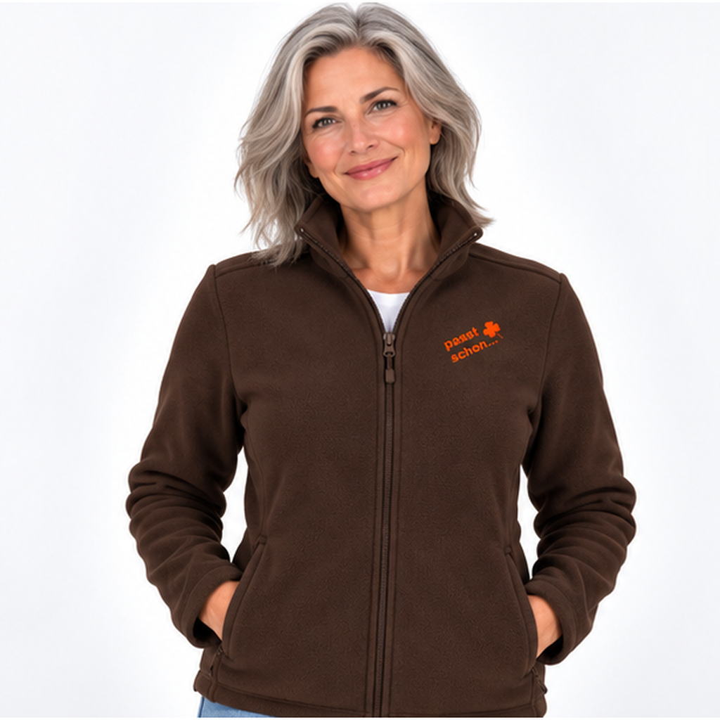 Christiane №11 – Braune, leicht taillierte Fleecejacke mit oranger Logostickerei