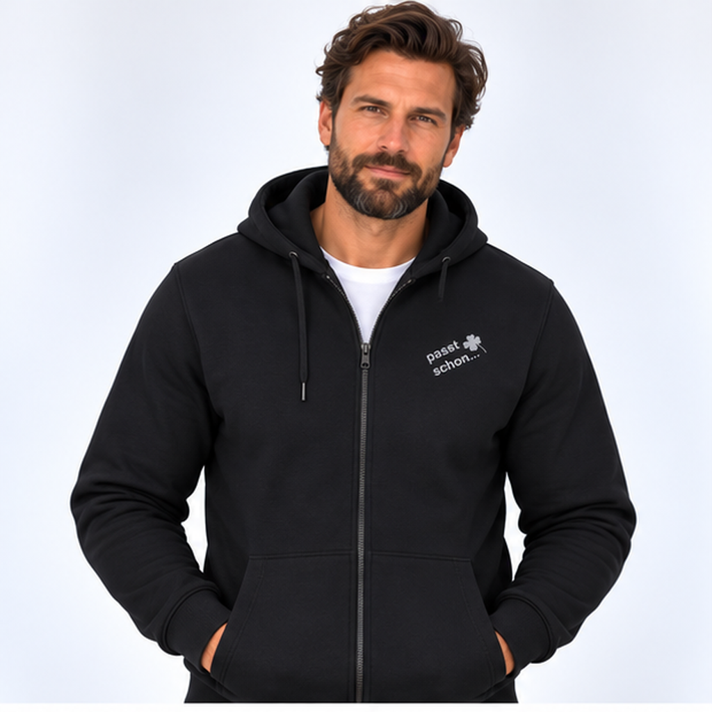 Luca №2 – Schwarze Kapuzenjacke mit grauer Logostickerei
