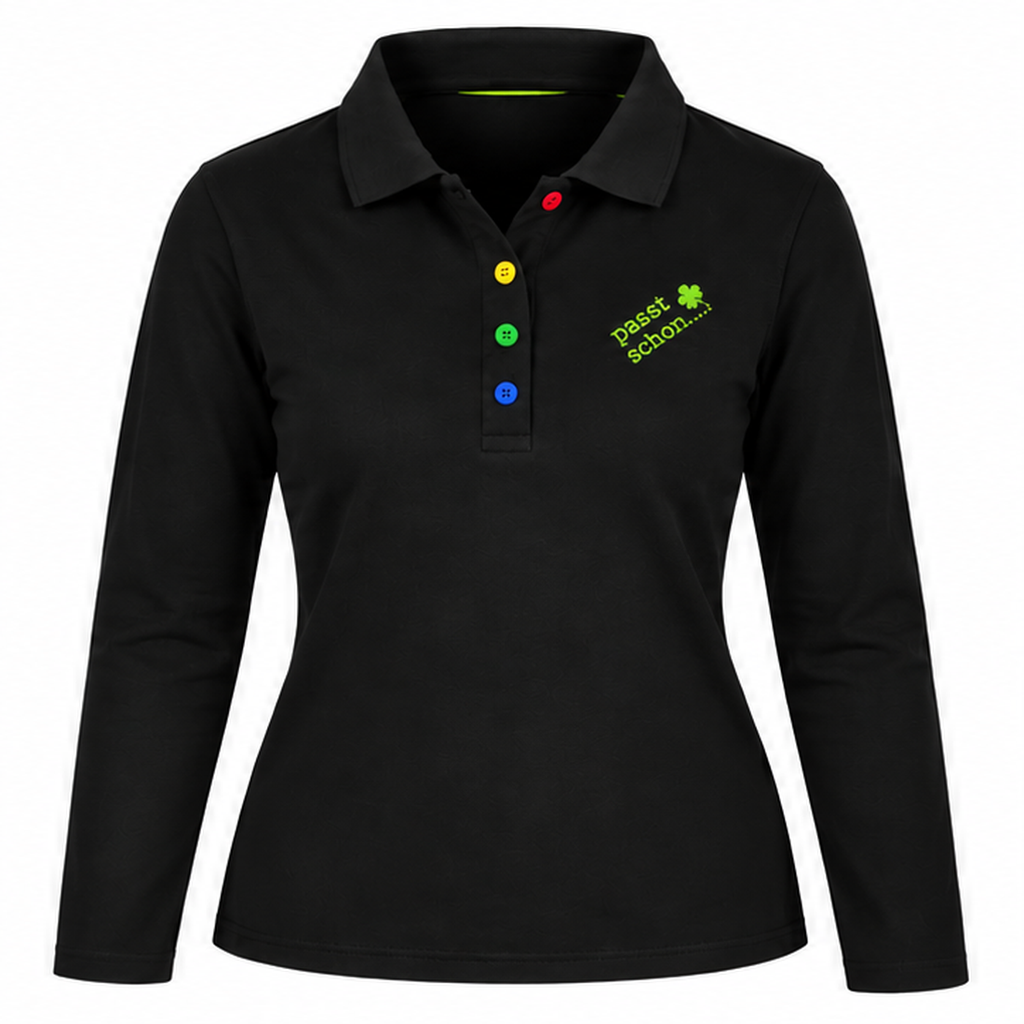 Antonia №2 – Schwarzes Langarm-Poloshirt mit giftgrüner Logostickerei