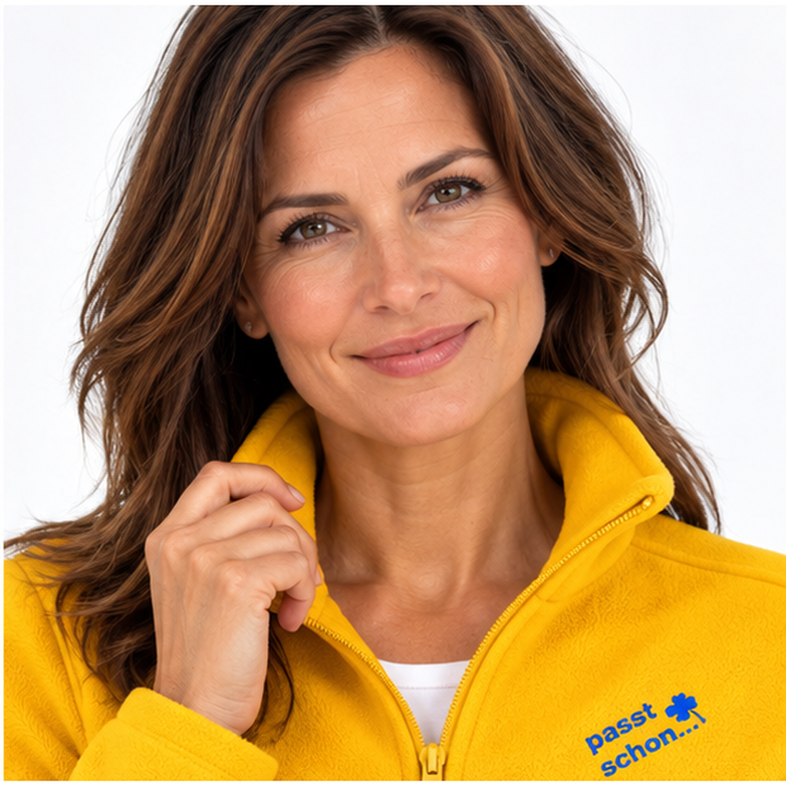 Christiane №10 – Gelbe, leicht taillierte Fleecejacke mit blauer Logostickerei