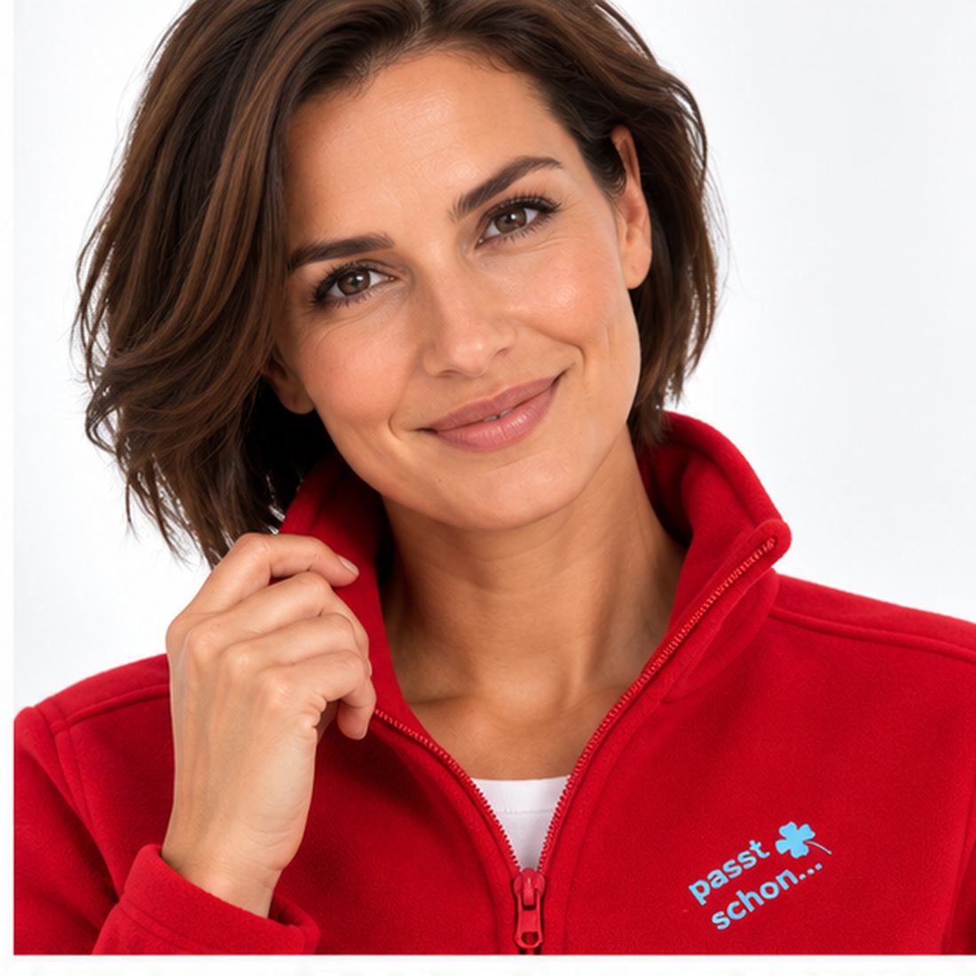 Christiane №9 – Rote, leicht taillierte Fleecejacke mit blauer Logostickerei