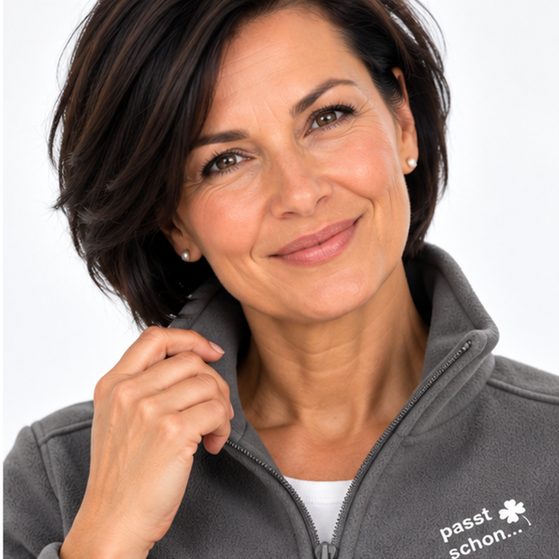 Christiane №6 – Graue, leicht taillierte Fleecejacke mit weißer Logostickerei