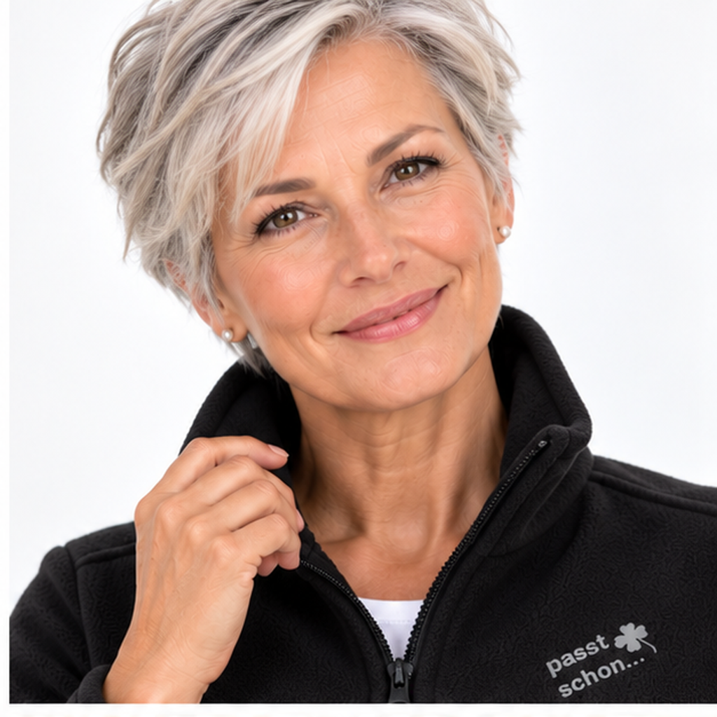 Christiane №2 – Schwarze, leicht taillierte Fleecejacke mit grauer Logostickerei