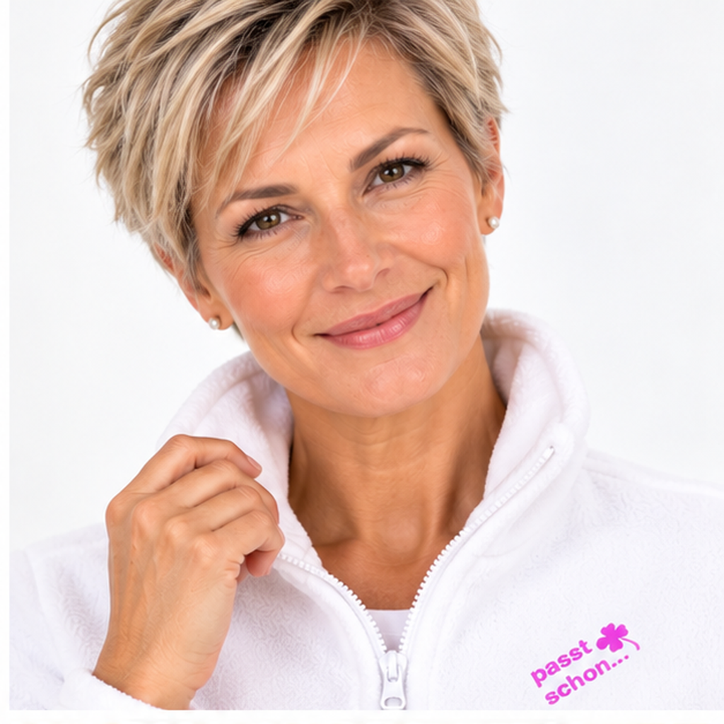 Christiane №1 – Weiße, leicht taillierte Fleecejacke mit rosa Logostickerei