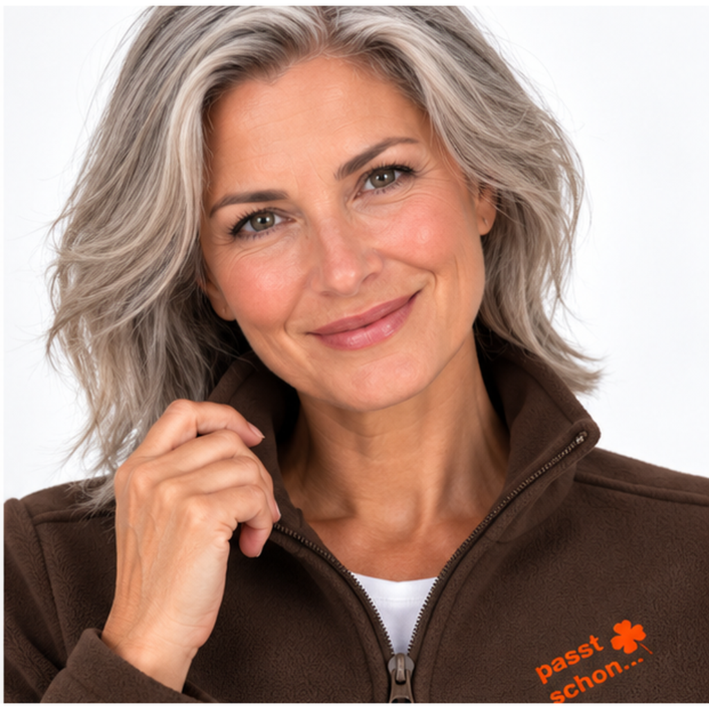 Christiane №11 – Braune, leicht taillierte Fleecejacke mit oranger Logostickerei