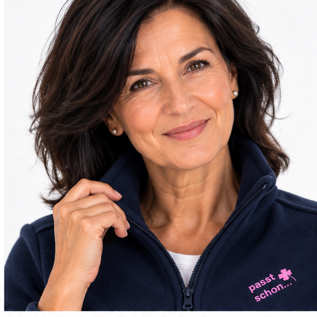 Christiane №3 – Dunkelblaue, leicht taillierte Fleecejacke mit rosa Logostickerei