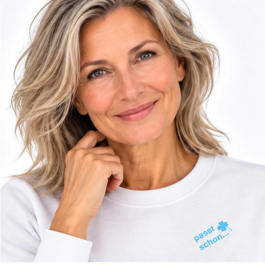 Anna №1 – Weißer Light Sweater mit blauer Logostickerei