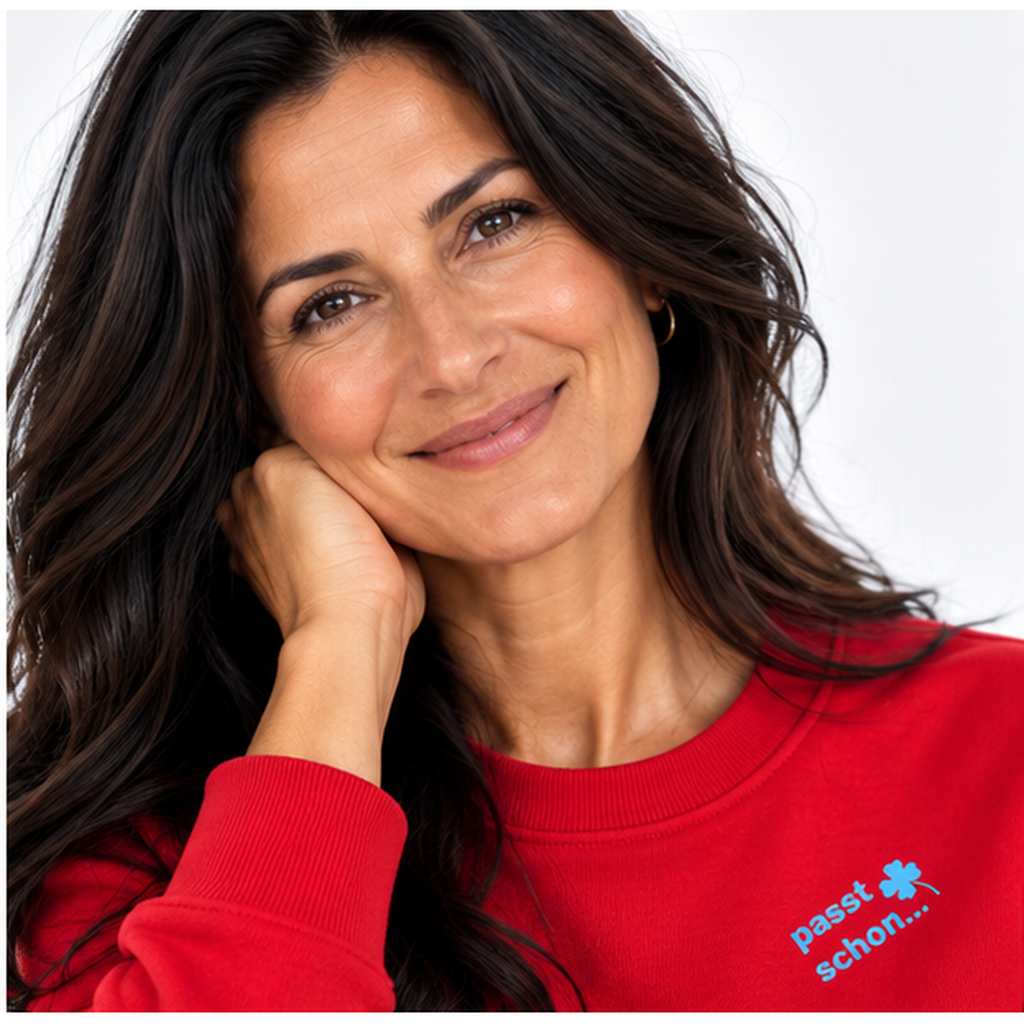 Anna №22 – Roter Light Sweater mit blauer Logostickerei
