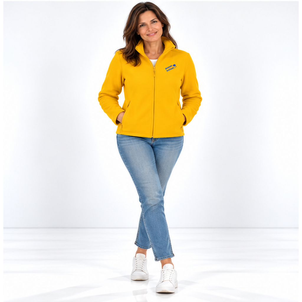 Christiane №10 – Gelbe, leicht taillierte Fleecejacke mit blauer Logostickerei