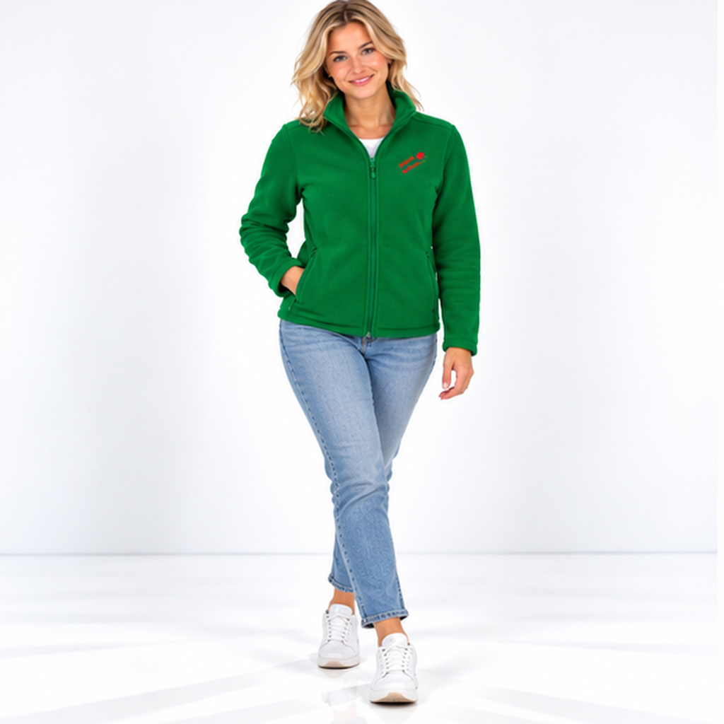 Christiane №7 – Grüne, leicht taillierte Fleecejacke mit roter Logostickerei