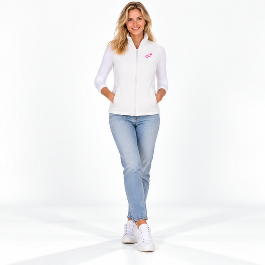 Christl №1 – Weiße, leicht taillierte Fleeceweste mit rosa Logostickerei