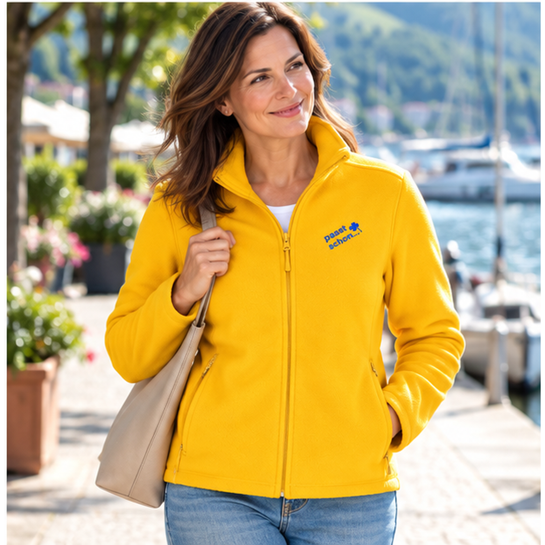 Christiane №10 – Gelbe, leicht taillierte Fleecejacke mit blauer Logostickerei