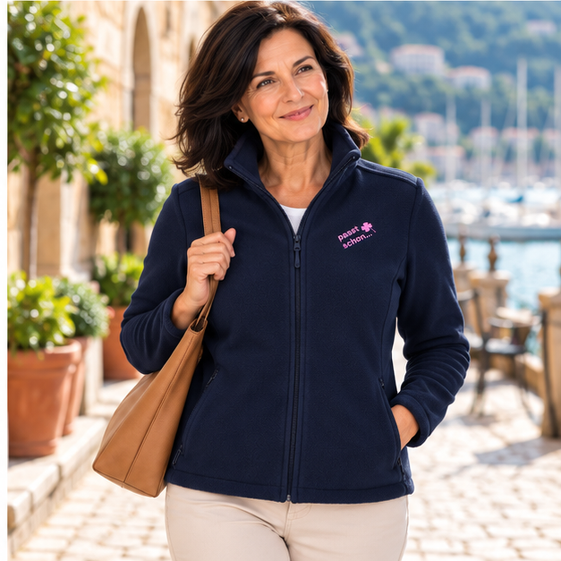 Christiane №3 – Dunkelblaue, leicht taillierte Fleecejacke mit rosa Logostickerei