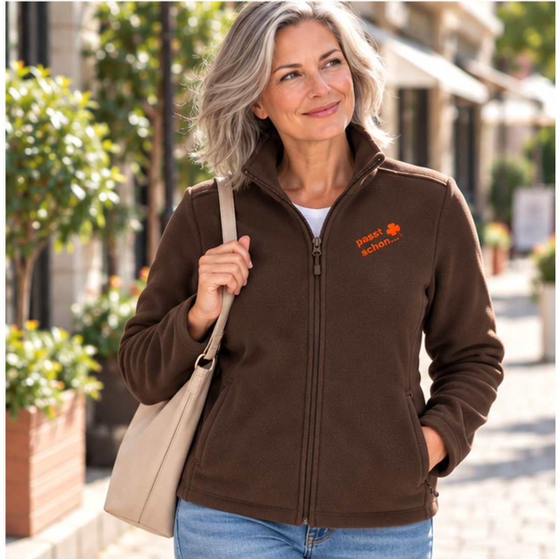 Christiane №11 – Braune, leicht taillierte Fleecejacke mit oranger Logostickerei