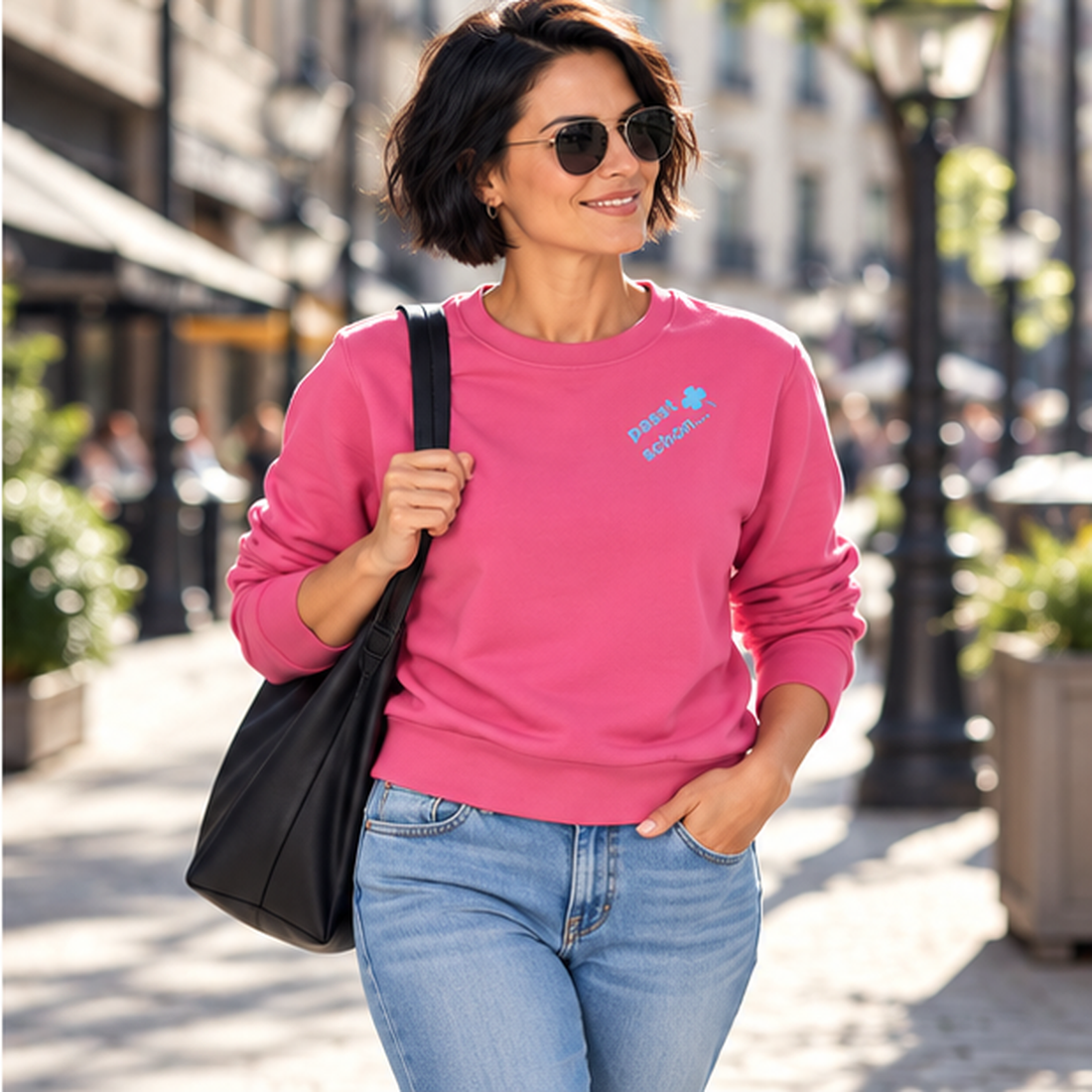 Anna №21 – Pinker Light Sweater mit blauer Logostickerei
