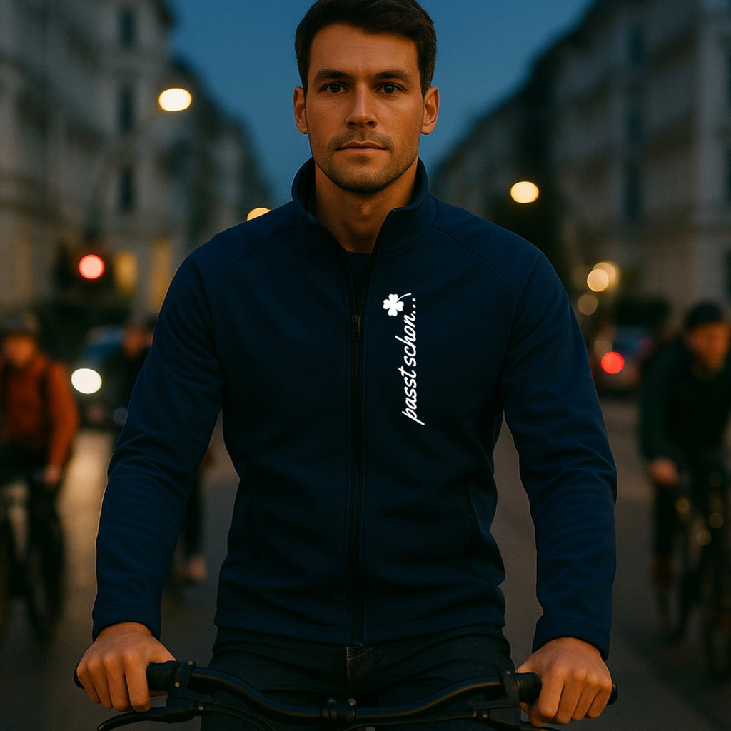 Klaus №1 – Dunkelblaue Softshelljacke mit reflektierendem Aufdruck