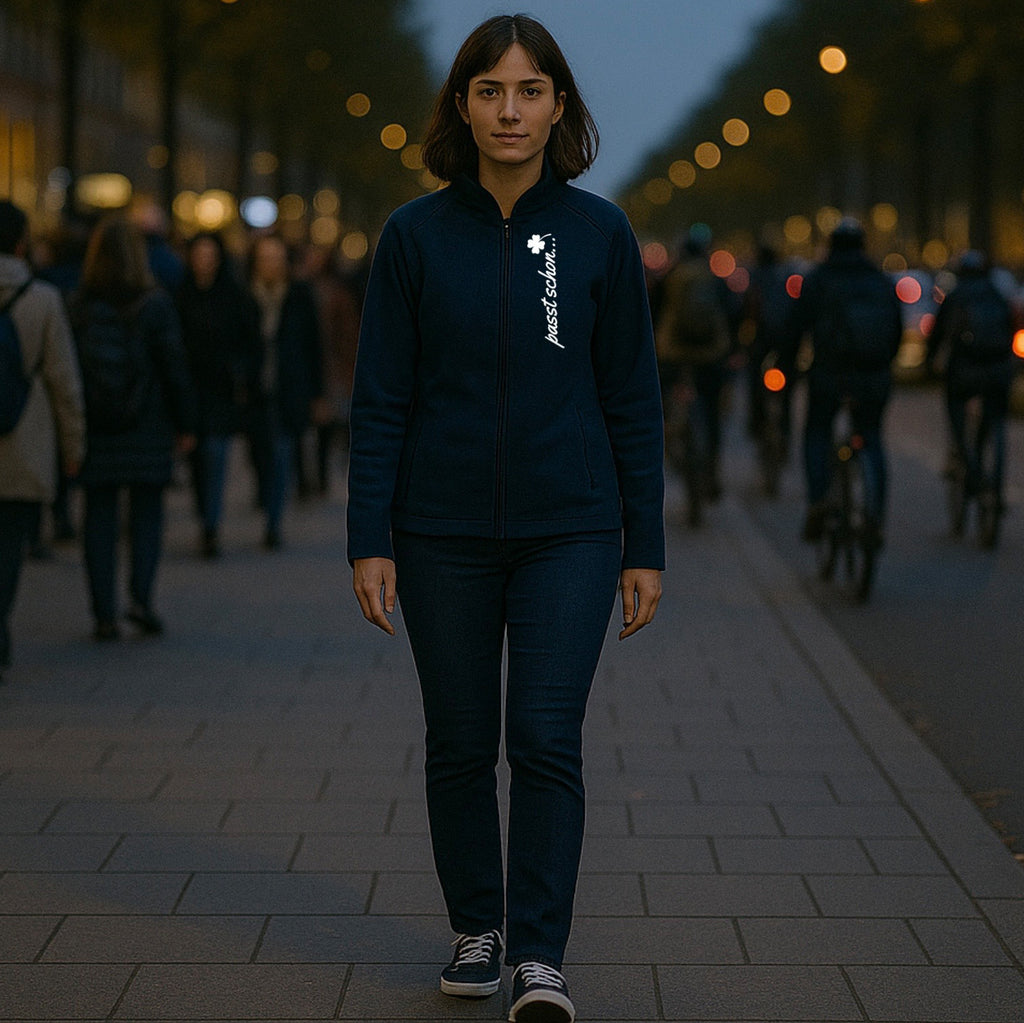 Sandra №1 – Dunkelblaue Softshelljacke mit reflektierendem Aufdruck
