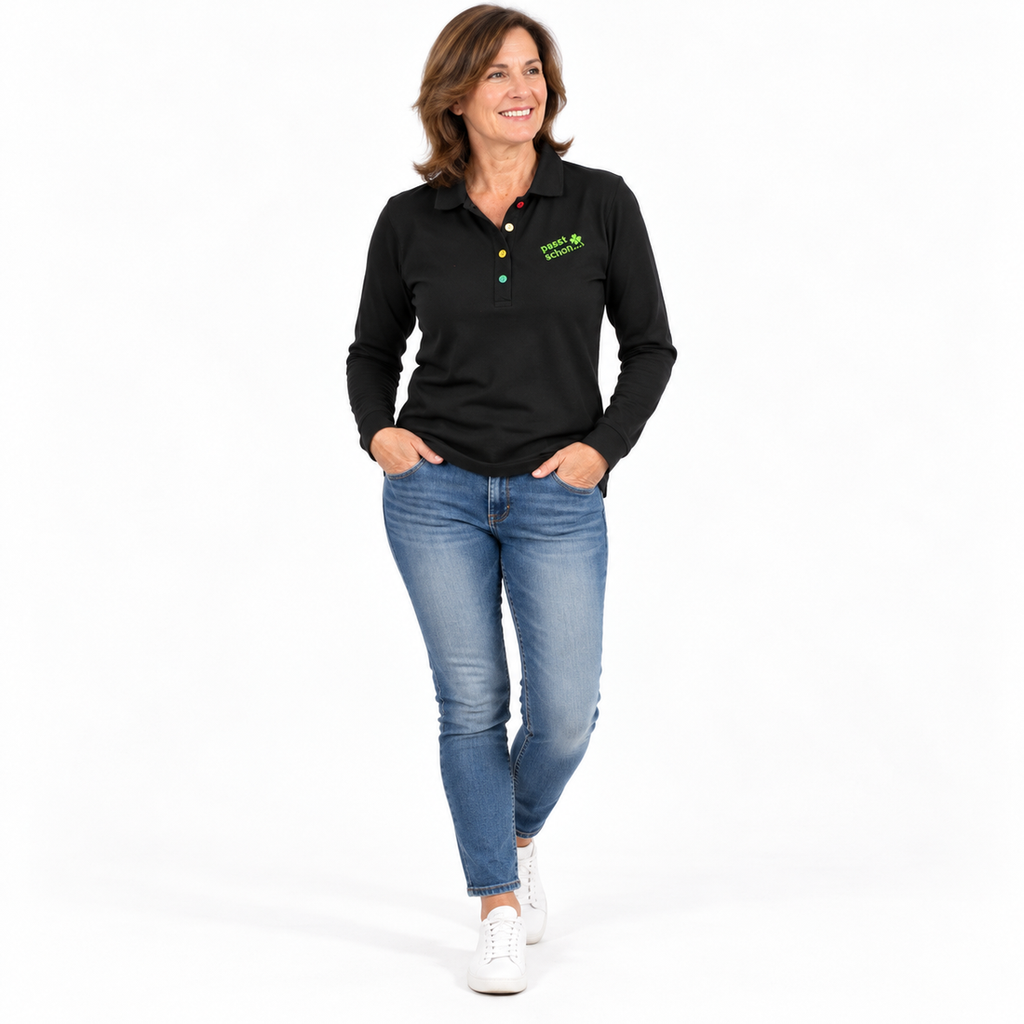 Antonia №2 – Schwarzes Langarm-Poloshirt mit giftgrüner Logostickerei