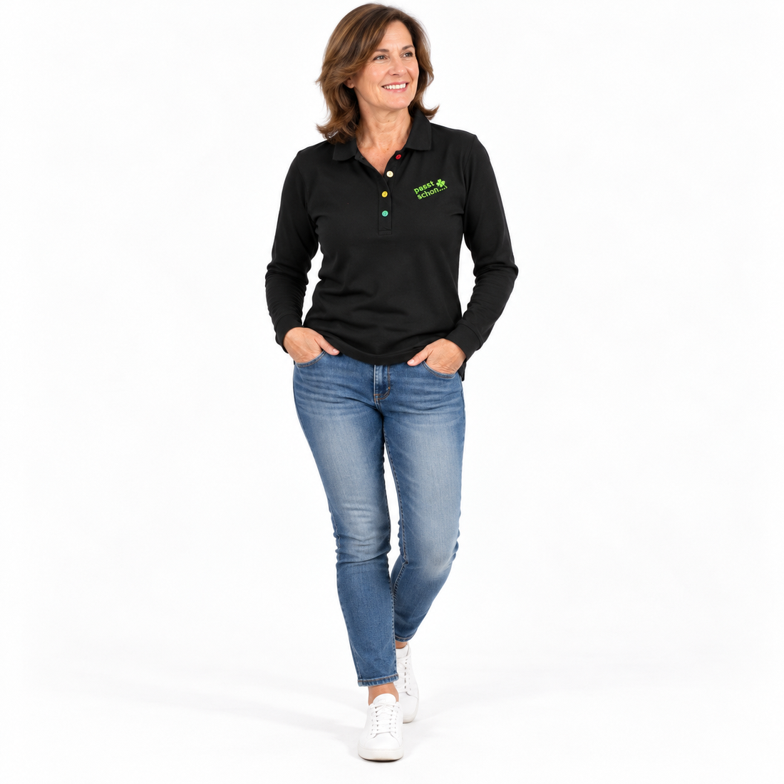 Antonia №2 – Schwarzes Langarm-Poloshirt mit giftgrüner Logostickerei