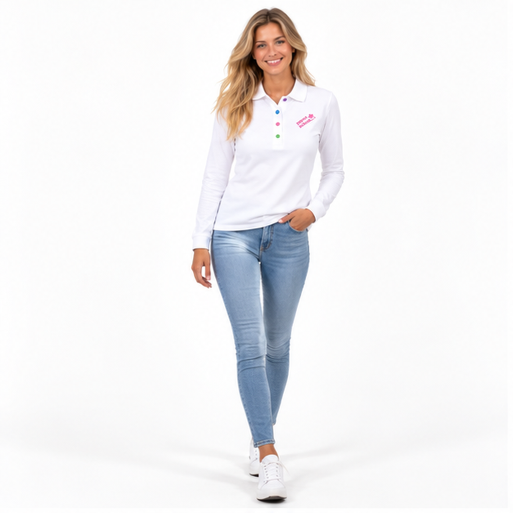 Antonia №1 – Weißes Langarm-Poloshirt mit rosa Logostickerei und bunten Knöpfen