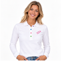 Antonia №1 – Weißes Langarm-Poloshirt mit rosa Logostickerei und bunten Knöpfen