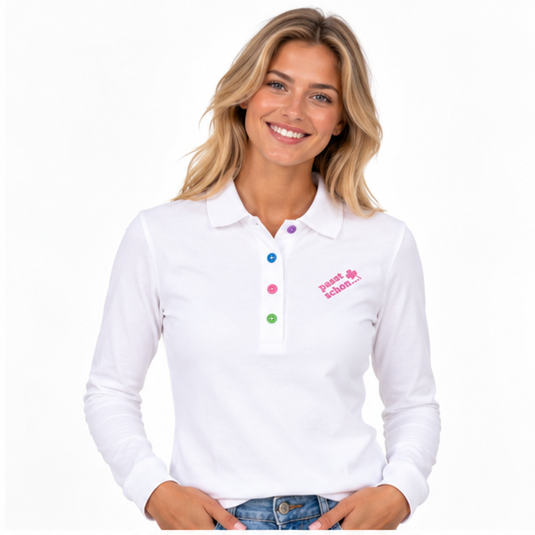 Antonia №1 – Weißes Langarm-Poloshirt mit rosa Logostickerei und bunten Knöpfen