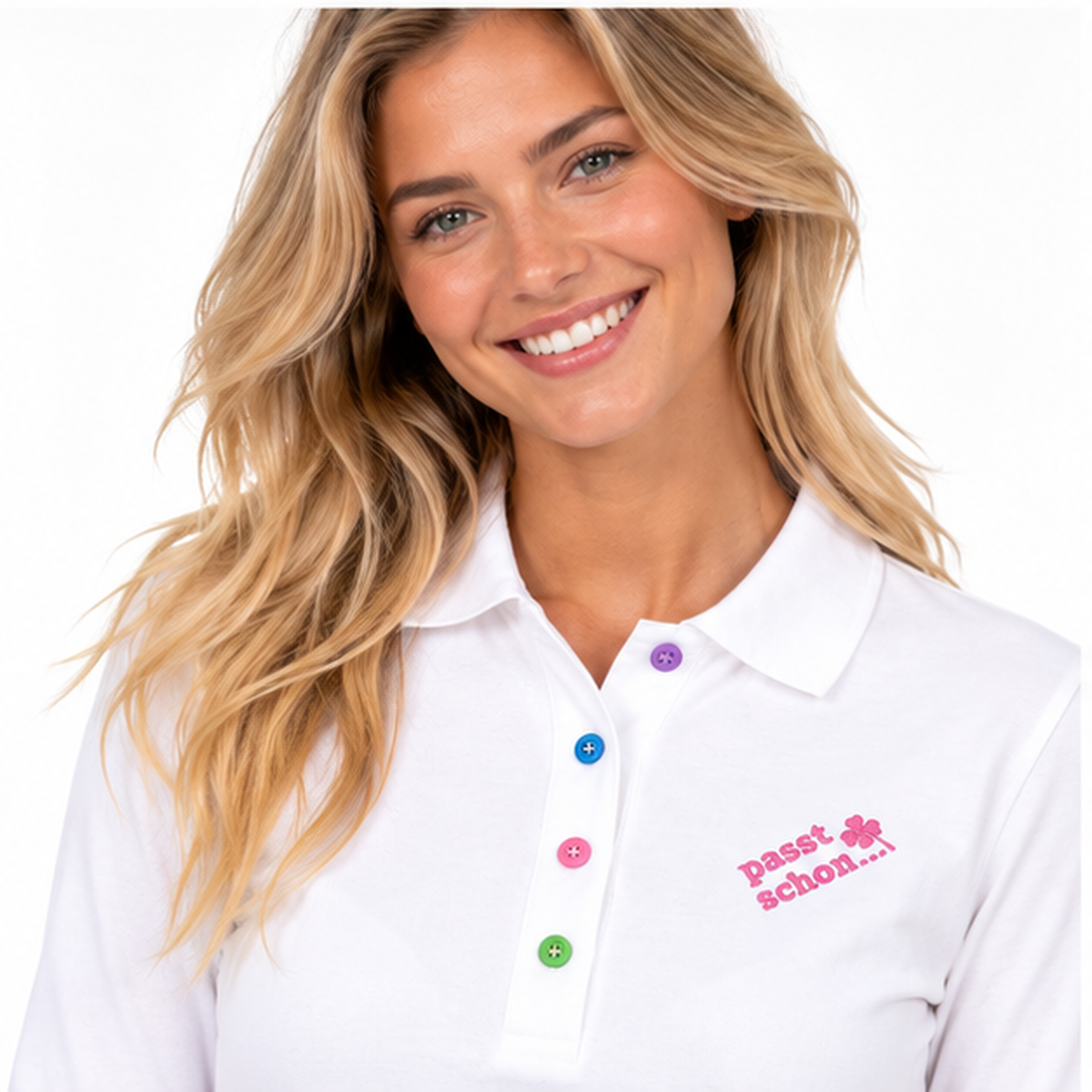 Antonia №1 – Weißes Langarm-Poloshirt mit rosa Logostickerei und bunten Knöpfen