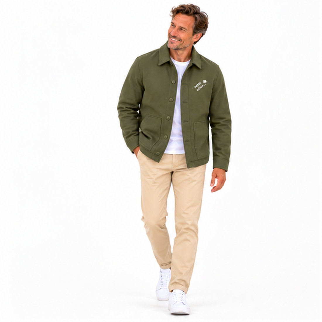 Hemdjacke №1 – Olivgrün mit weißem Druck