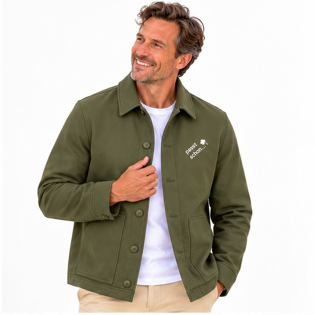 Hemdjacke №1 – Olivgrün mit weißem Druck