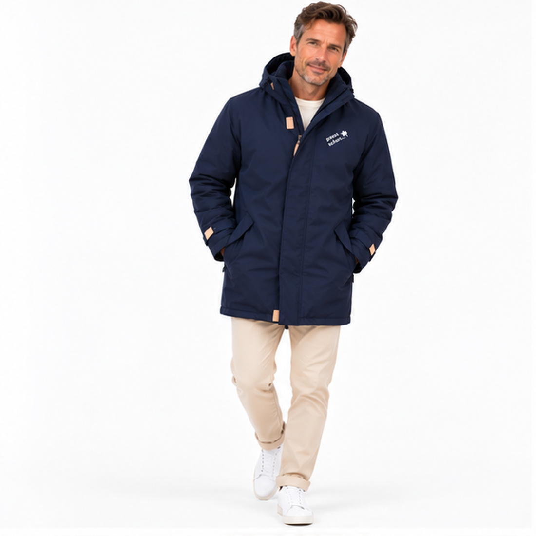 Parka №1 – Dunkelblau mit weißem Druck