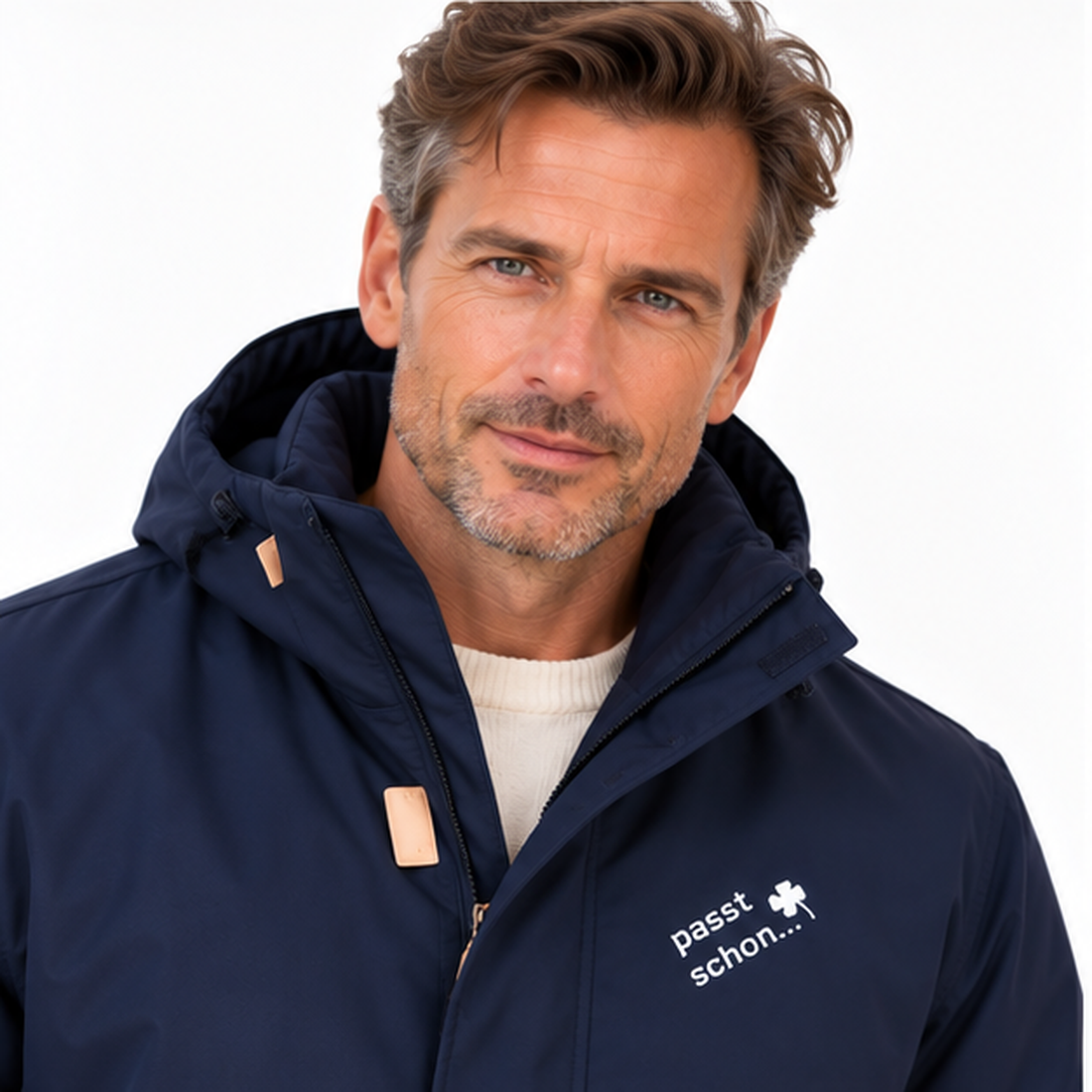 Parka №1 – Dunkelblau mit weißem Druck