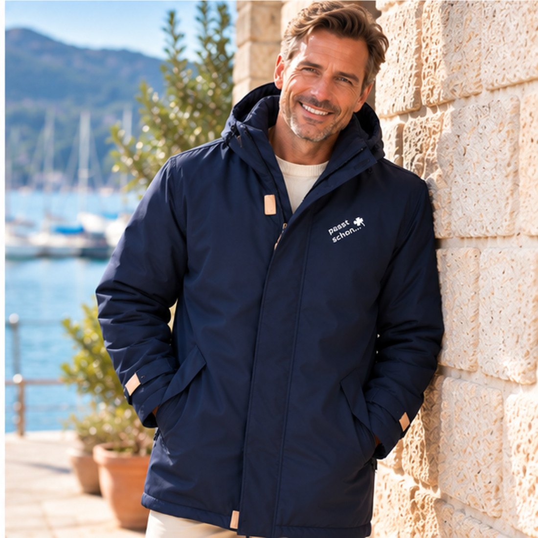 Parka №1 – Dunkelblau mit weißem Druck
