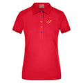 Sonja №7 – Rotes Poloshirt mit hellgelber Logostickerei und bunten Knöpfen