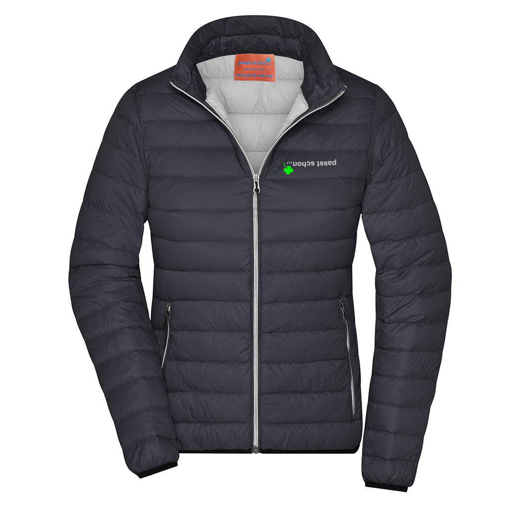 Anita №4 – Graphitfarbene, klassisch geschnittene Daunenjacke mit weiß-grüner Logostickerei