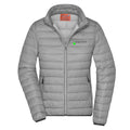 Anita №3 – Silberne, klassisch geschnittene Daunenjacke mit dunkelgrau-grüner Logostickerei
