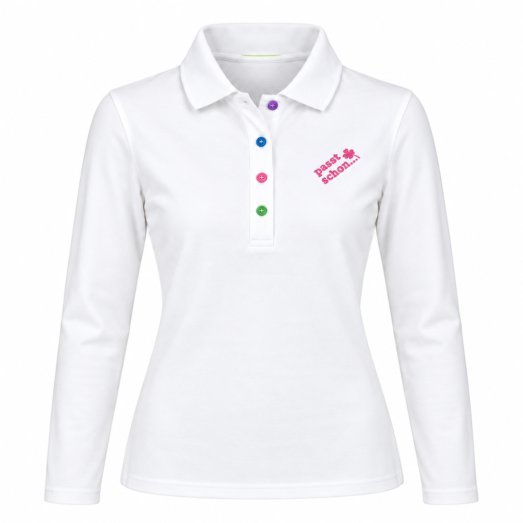 Antonia №1 – Weißes Langarm-Poloshirt mit rosa Logostickerei und bunten Knöpfen