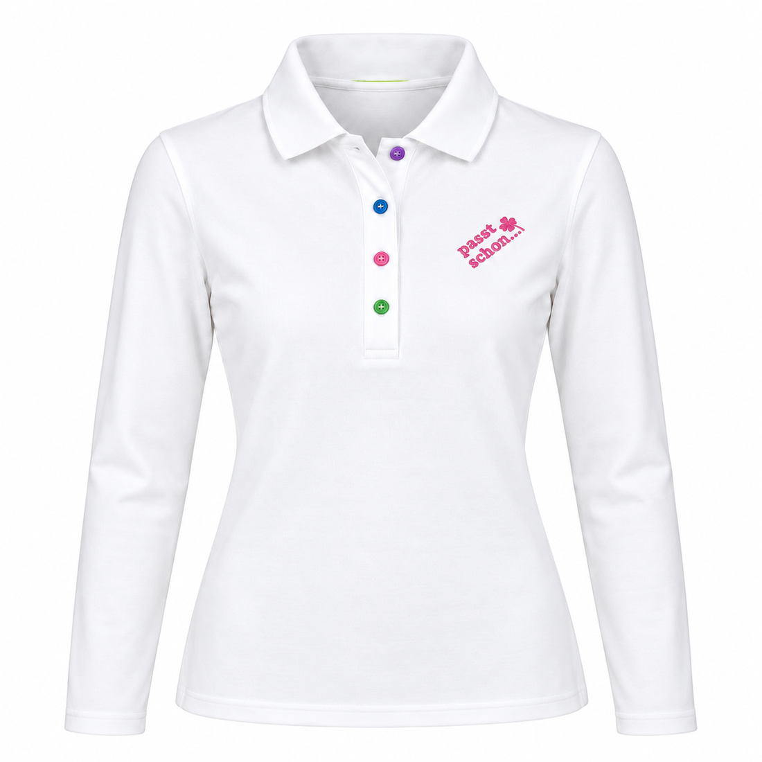 Antonia №1 – Weißes Langarm-Poloshirt mit rosa Logostickerei und bunten Knöpfen