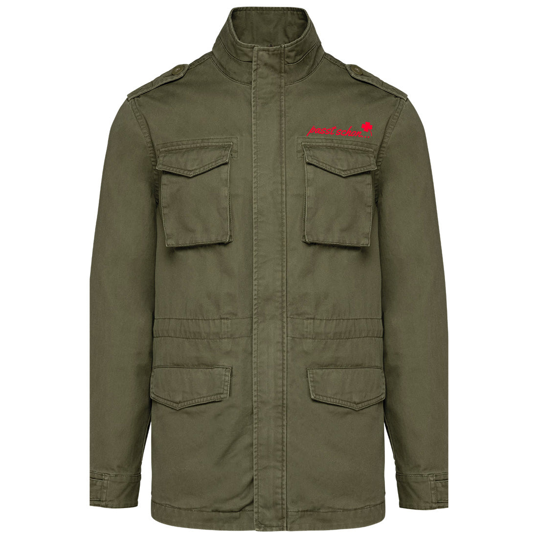 Safari-Jacke №1 – Olivgrün mit rotem Druck