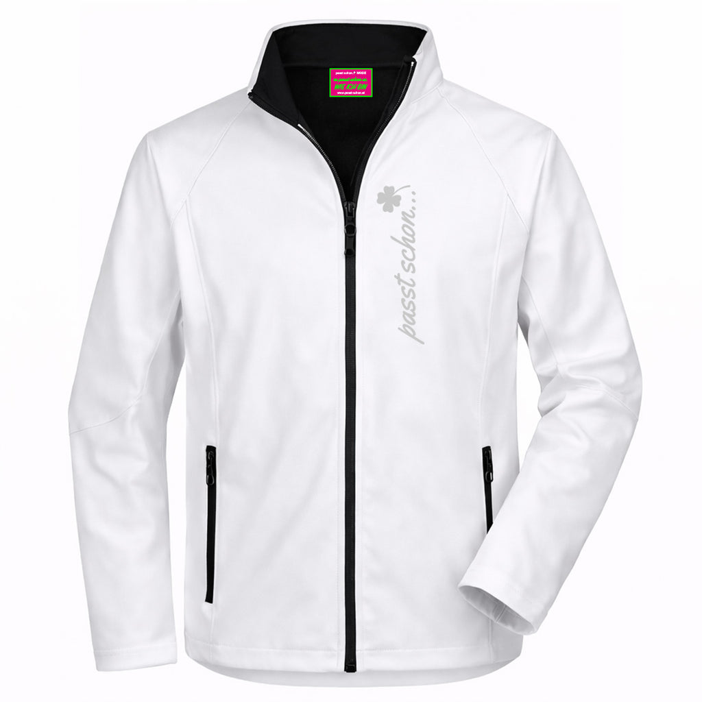 Klaus №4 – Weiße Softshelljacke mit reflektierendem Aufdruck