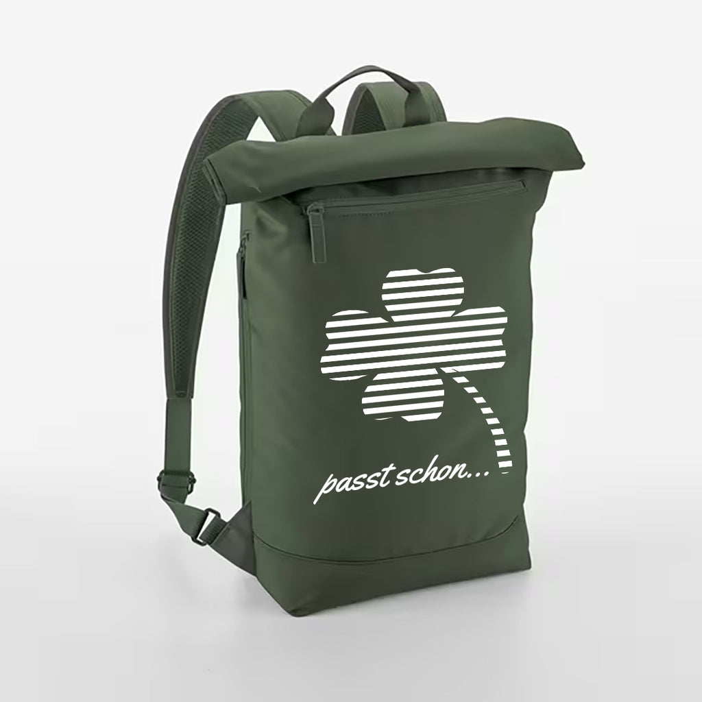 Robin №2 – Khakifarbener Roll-Top-Rucksack mit reflektierendem Aufdruck