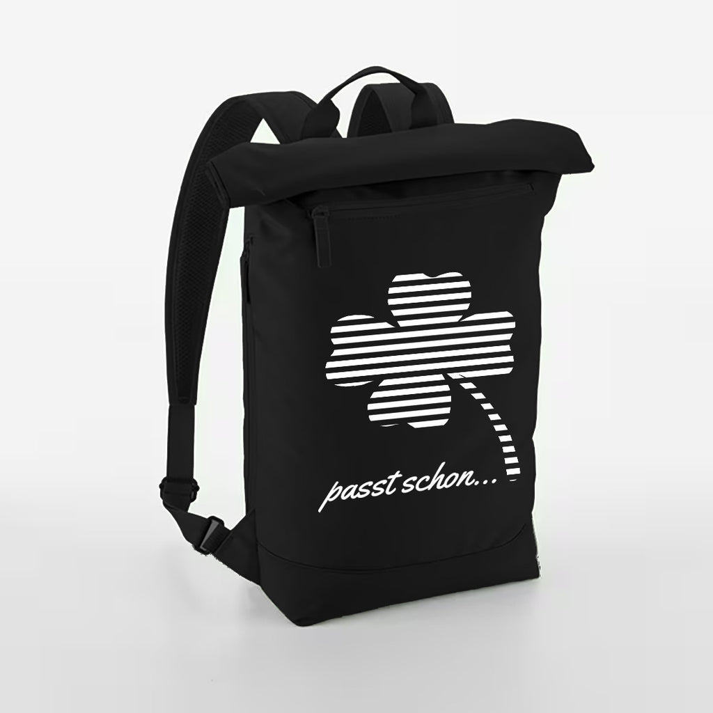 Robin №1 – Schwarzer Roll-Top-Rucksack mit reflektierendem Aufdruck