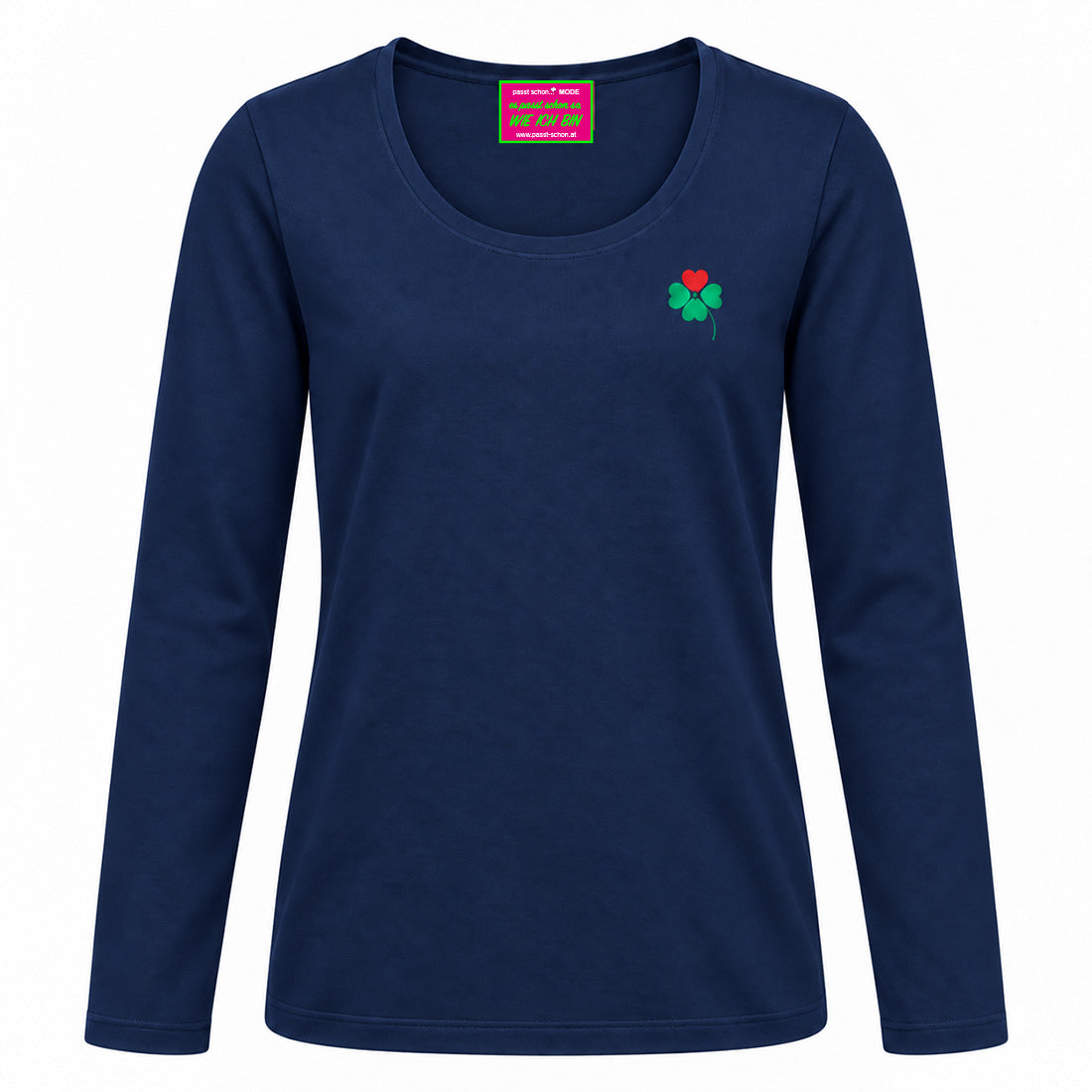 Herz №2 – Dunkelblaues langarm T-Shirt mit vierblättrigen Kleeblatt