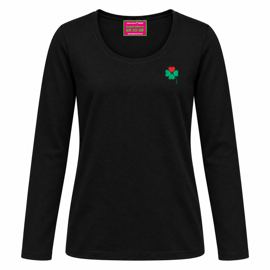 Herz №3 – Schwarzes langarm T-Shirt mit vierblättrigen Kleeblatt