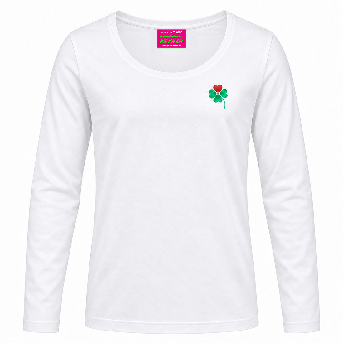 Herz №1 – Weißes langarm T-Shirt mit vierblättrigen Kleeblatt