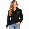 Antonia №2 – Schwarzes Langarm-Poloshirt mit giftgrüner Logostickerei